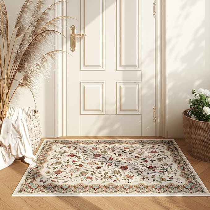 Rugcomf 2'x3' Entryway Rug - Paisley Pattern, Door Mat Indoor Entrance, Floral Vintage, Machine Washable, Non-Slip Low Pile Area Rug for Kitchen, Front Door, Kids Room - Beige
