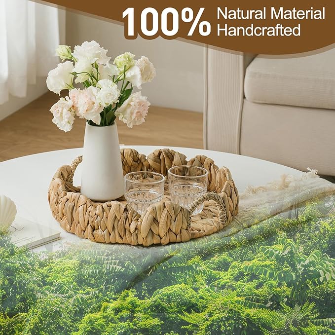 Round Wicker Scalloped Serving Tray with Handles - Seagrass Handwoven Trays,Water Hyacinth Tray for Home Decor and Living Room, Dining Table, Bathroom Organizing, 12.9" L x 12.9" W x 3.5" H