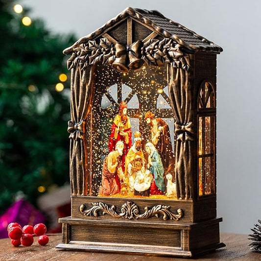 Christmas Snow Globe Lighted Manger Nativity Scene, Musical Window Water Lantern Play Silent Night Music in Swirling Glitter, Holiday Decorations Gifts for Family, Children or Friends