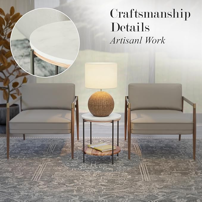 Lyra Round Marble End Table – Solid Acacia Wood Shelf, Open Storage Side Table for Living Room, Bedroom, Entryway, Small Spaces – Nightstand, Plant Stand, Modern Accent Table with Metal Frame