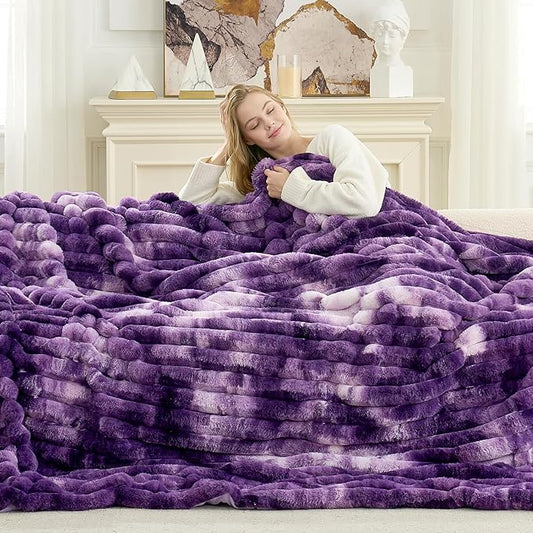 Cozy Bliss Faux Fur Throw Blanket for Couch, Cozy Warm Plush Striped Blanket for Sofa Bedroom Living Room, 90 * 90 Inches Tie-dye Purple