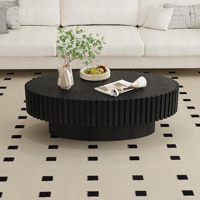 Modern Wood Coffee Table - Handcraft Drum Coffee Tables with Sturdy Base, Easy Assembly, Contemporary Style Small Coffee Table Tea Table for Living Room, Bedroom, Office (Black Oval)
