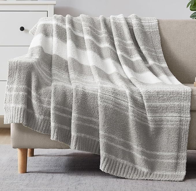 WRENGONGE Light Grey Throw Blanket, 50x70 Soft Cozy Striped Throw Blankets for Couch, Sofa, Bed, Travel, Lightweight Fluffy Warm Plush Decorative Blankets for Women, Men,Kids Gift