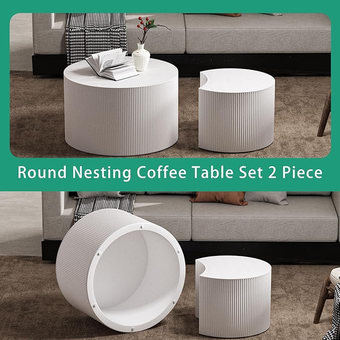 Round Nesting Coffee Table Set 2 Piece, Drum Modern Stackable Side Table for Living Room/Bedroom Small, Space-Saving Accent Furniture with Scratch-Resistant Design (A White 27.56 in)