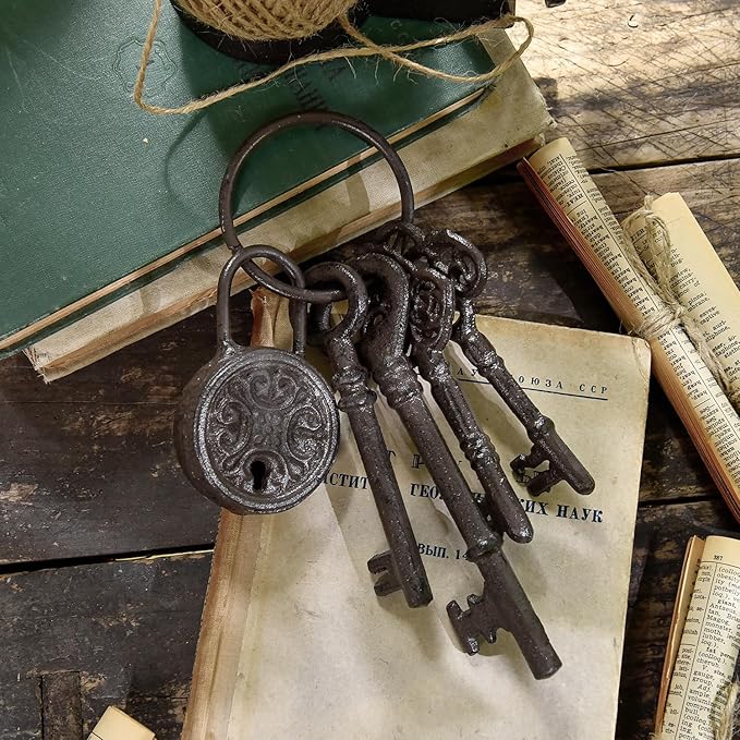 Sungmor Cast Iron Skeleton Keys - Antique Style Keyring Props, Pirate Treasure, Halloween Decor for Home Garden