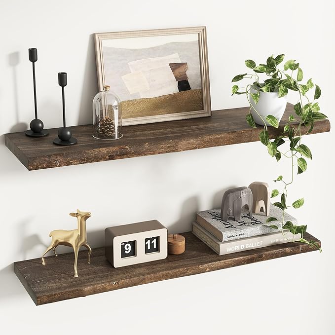 Rustic Elm Wood Floating Shelves for Wall, Live Edge 36"W x 9.2"D x 1.4"H, Set of 2 with Invisible Bracket, Wall Mounted Storage Shelves for Living Room Bedroom Kitchen Bathroom Decor, Walnut Finish