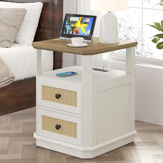 End Table with Charging Station, 24” Tall Sofa Side Table with Rattan Drawer, Anti-Collision Angle Wooden Night Stand for Living Room, Bedroom, Office.