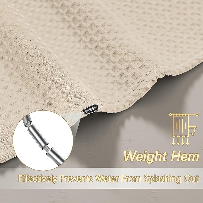 Beige Fabric Shower Curtain - Waffle Textured Heavy Duty Shower Curtains for Bathroom, 256GSM Hotel Spa Luxury Weighted Bath Curtain with 6 Hooks, 36x72, Beige