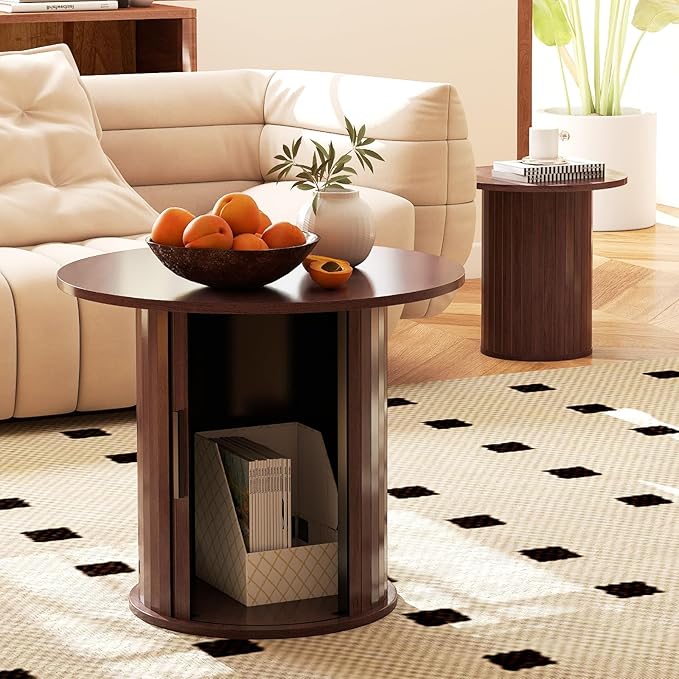 Nesting Coffee Table Set of 2 with Hidden Storage & Sliding Door, Circle Wood Coffee Table, Farmhouse Side & End Table Sets for Living Room, Small Spaces, Walnut