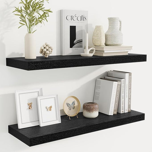 Fun Memories Floating Shelves for Wall, 30 Inch Rustic Wood Wall Mounted Shelves for Bathroom, Bedroom, Kitchen, Living Room, Deep Floating Shelves for Storage & Home Decor (Black, Set of 2)