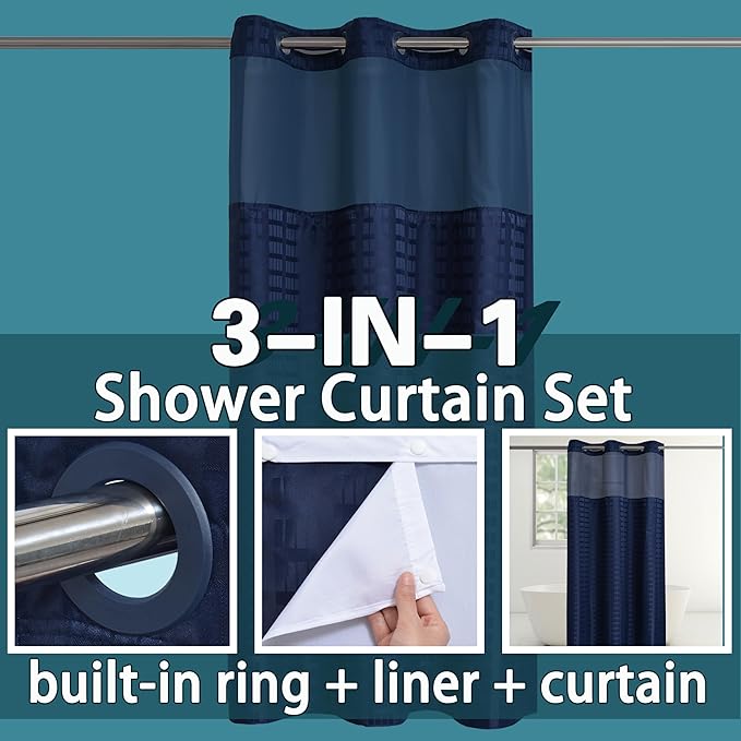 Conbo Mio Stall No Hook Shower Curtain with Snap in Liner Set, Hotel Luxury Navy Blue Shower Curtains for Bathroom with See Through Top Window, Waterproof, Washable 36W x 74H