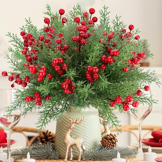 4 Bundles Artificial Christmas Flowers with Red Berry Stems, Fake Norfolk Pine Garland Branches for Winter Decor, Faux Christmas Garland Tree Picks and DIY Crafts