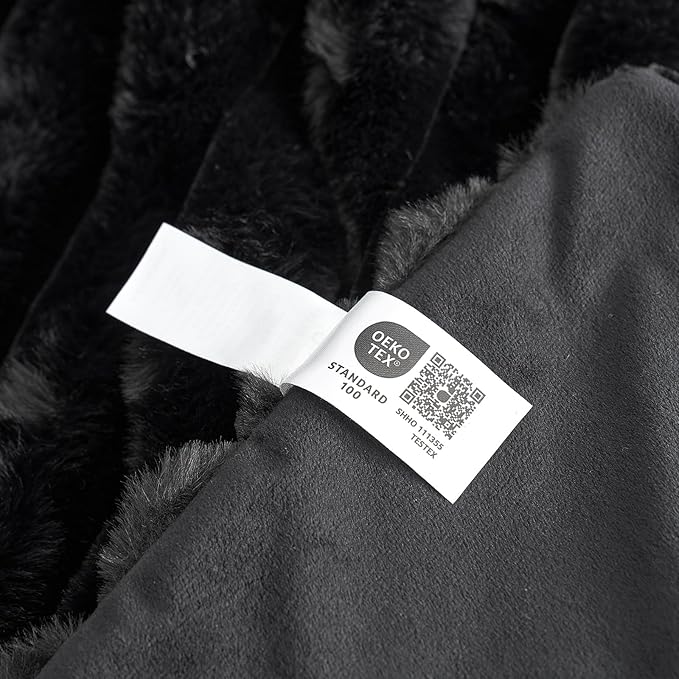 Cozy Bliss Faux Fur Throw Blanket for Couch, Cozy Warm Plush Striped Blanket for Sofa Bedroom Living Room, 90 * 90 Inches Black