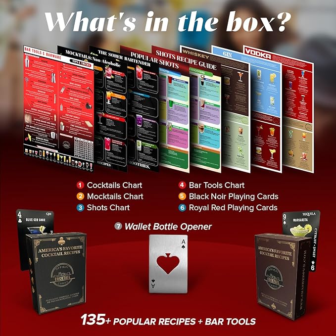 Bar Essentials for Home 120+ Cocktail Recipe Cards. Gifts for Alcohol Lovers. Alcohol Drinks Bar Charts. Red & Black Mixology Cards Bar Wall Decor (Double Sided Charts)