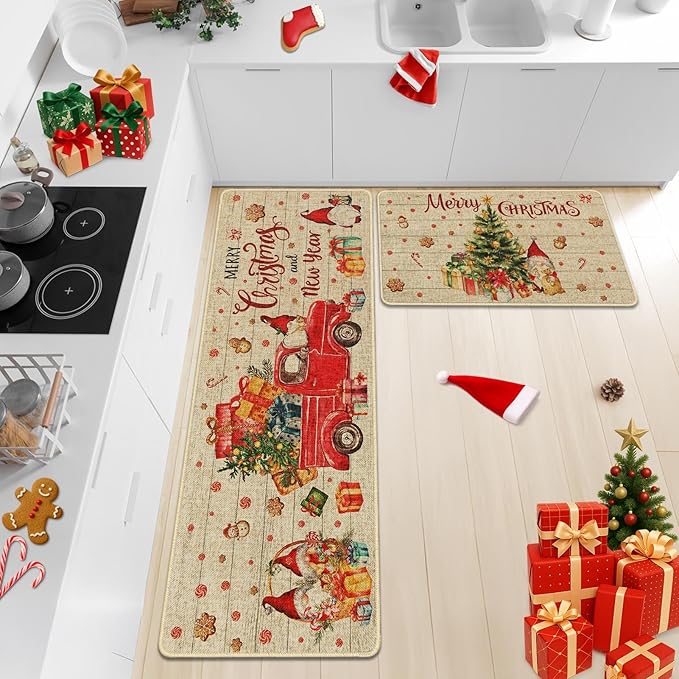 Christmas Trucks Gingerbread Gnome Kitchen Rugs and Mats Non Skid Washable Set of 2, Xmas Kitchen Mats for Floor Decor