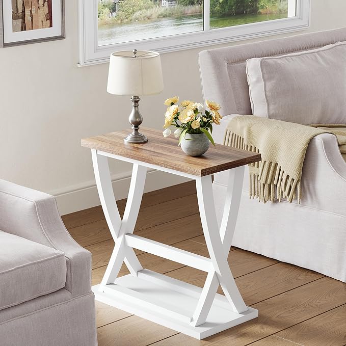 ChooChoo Farmhouse End Tables Living Room Set of 2, Narrow Side Table with Storage Shelf, Modern X-Design Slim End Table for Living Room, 11.8" D*23.6" W*23.4" D