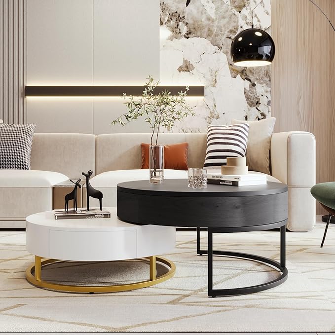 Modern Round Lift-top Nesting Coffee Tables with 2 Drawers for Living Room White & Black