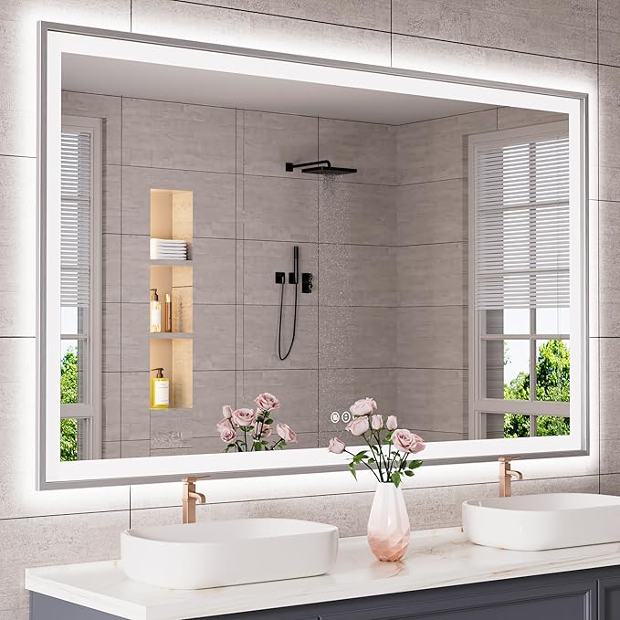 60x36 Silver LED Bathroom Mirror, Rectangle Brushed Nickel Lighted Mirror for Wall, Stepless Dimmable Led Vanity Mirror with Front-lit and Backlit, Tempered Glass, Anti-Fog, Memory