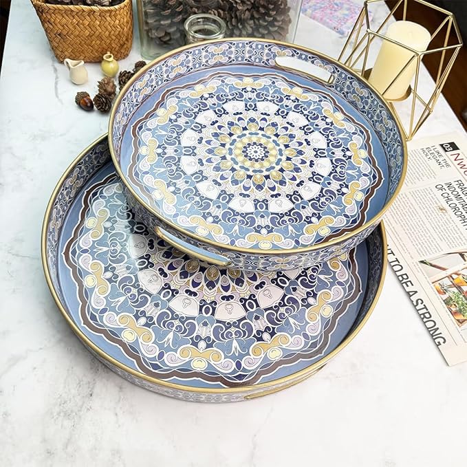 Round Decorative Trays Set of 2, Modern Plastic Serving Tray with Handles for Living Room, Coffee Table, Kitchen, Ottoman, Boho Blue, Large 13", Small 11.8"