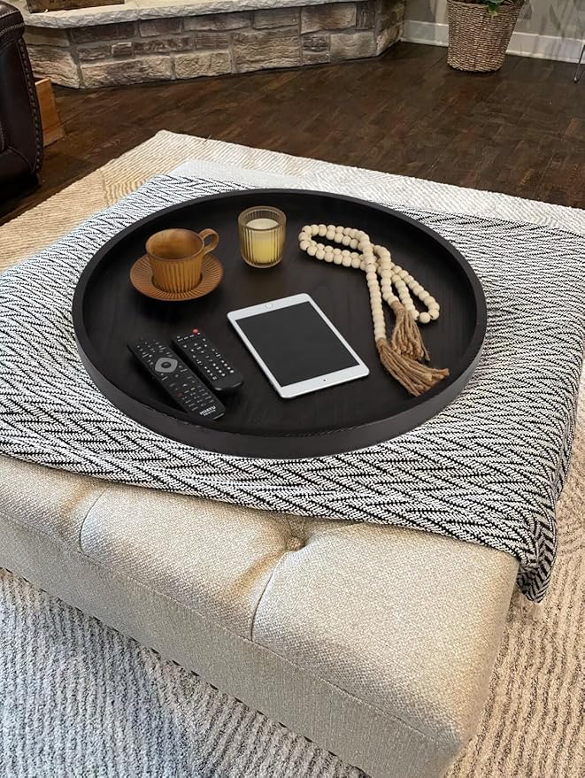 Round Ottoman Table Tray Round-24 - Rustic Wooden Serving Tray for Farmhouse Decorative Oversized Coffee Table Trays Living Room Kitchen Counter Breakfast Black