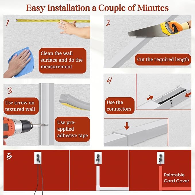 Cord Hider, Wire Cover, Cord Covers Wall Mounted TV, Cable Hider, 157 in Paintable White Raceway Kit, Electrical Cords Concealer, Cable Management, Hide Cords Wall, Wire Molding, Adhesive Channel