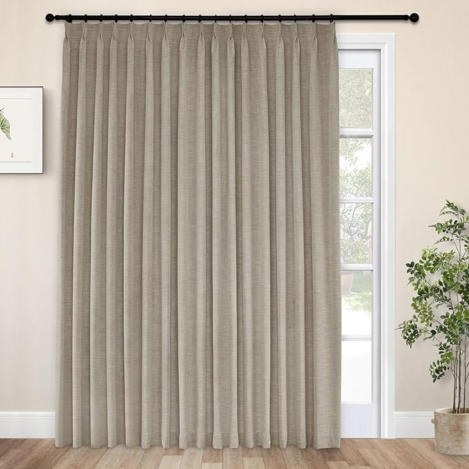Macochico Extra Wide Blackout Curtains Pinch Pleated Linen Curtains for Sliding Door Room Divider Bedroom Living Room Nursery Modern Farmhouse Panels with Tieback Brown 120" Wx96 L 1 Panel