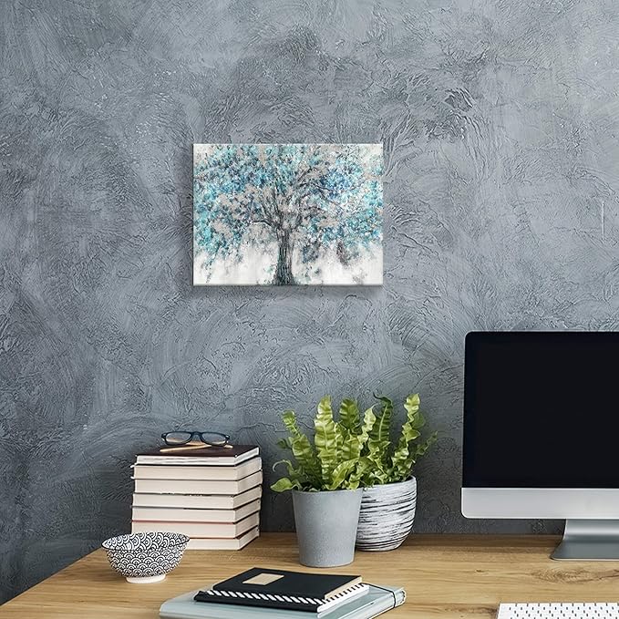 Abstract Tree Canvas Wall Art: Blue Painting Graphic Art Picture Print on Canvas Small Size without Embellishment for Dining Room (12"x16"x 1 Panel)
