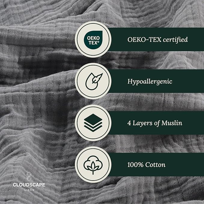 Cloud Scape Linen Extra Large 4 Layer Muslin Throw Blanket - 100% Cotton Gauze, Lightweight & Breathable All Season, Pre-Washed, for Couch & Bed, 50x70, Dark Grey