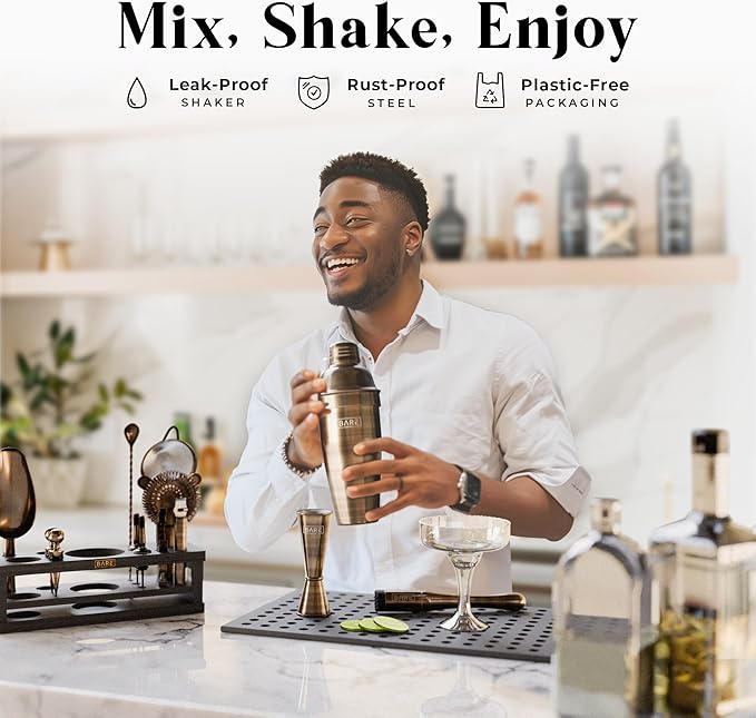 BARE BARREL® Mixology Bartender Kit Bar Set | 16-Piece Cocktail Shaker Set | Martini Barware Mixing Tools for Home Bartending | Incl. 35 Recipe Cards | Gift Set (24oz Cobbler Shaker, Brass/Black)