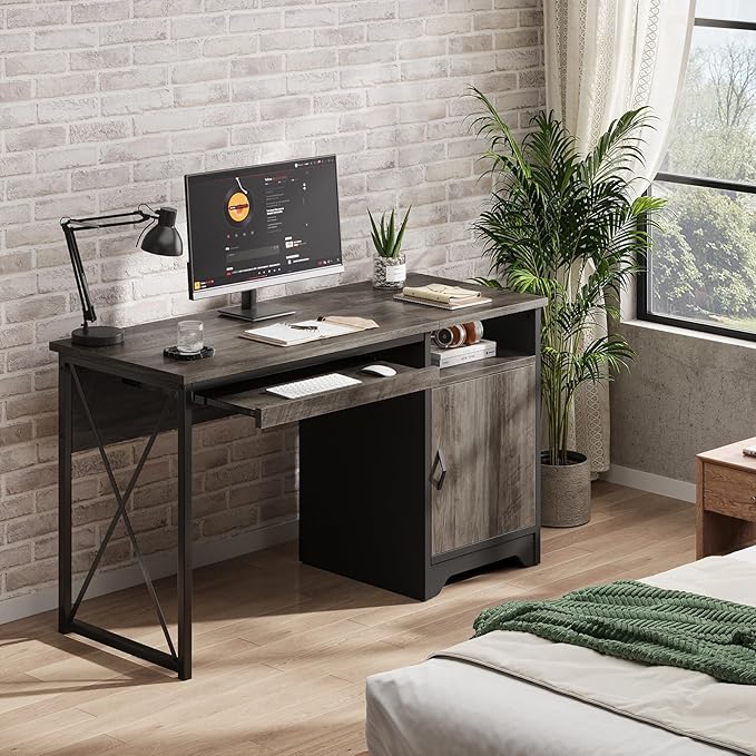 Bestier Office Desk with Keyboard Tray, Industrial Computer Desk with Storage, Reversible Executive Desk with File Cabinet for Home Office Bedroom, 47 inch Grey