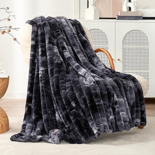 Cozy Bliss Faux Fur Throw Blanket for Couch, Cozy Warm Plush Striped Blanket for Sofa Bedroom Living Room, 50 * 60 Inches Tie-dye Black