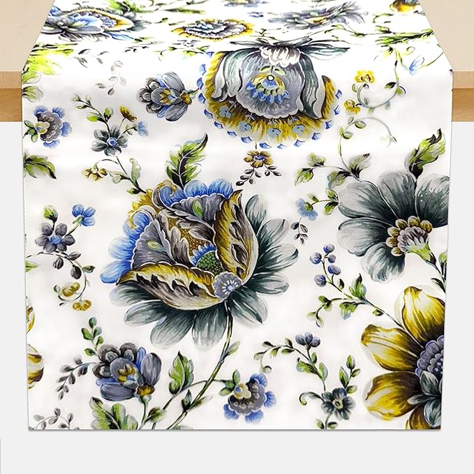 Decozen Table Runner - Japanese Print Floral Design Perfect for Kitchen Dining Room Home Decor Console Table Farmhouse - White