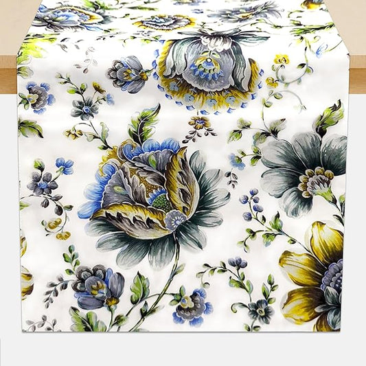Decozen Table Runner - Japanese Print Floral Design Perfect for Kitchen Dining Room Home Decor Console Table Farmhouse - White