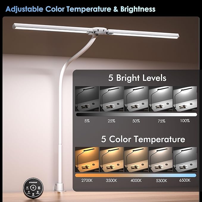 Desk Lamp with Clamp, 31.5" LED Desk Lamp for Home Office, 24W Double Head Desk Light, Dimmable & Color Temperature, Table Lamp with Remote Control, Brightest Computer Monitor Light