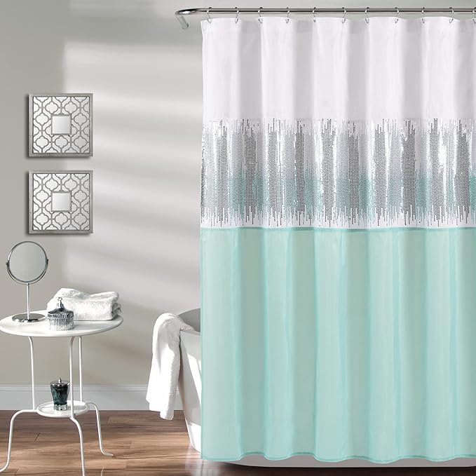 Lush Decor Night Sky Shower Curtain, Single, 72" W x 72" L, White & Blue - Sequin Shower Curtain - Sparkly Color Block Bath Curtain - Modern Glam Bathroom Decor