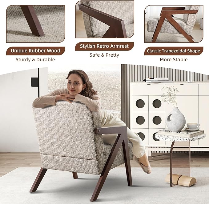 INZOY Mid Century Modern Accent Chair with Wood Frame, Upholstered Reading Armchair with Soft Linen Fabric, Accent Chair for Living Room Bedroom Apartment, Easy Assembly, Brown
