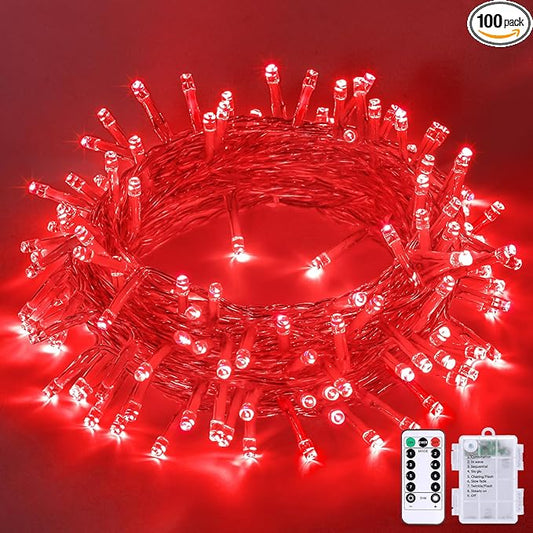 JMEXSUSS Red Halloween Lights Battery Operated, 33ft 100 LED Halloween Lights Indoor Outdoor with Remote, Red String Light for Tree Yard House Patio Decor