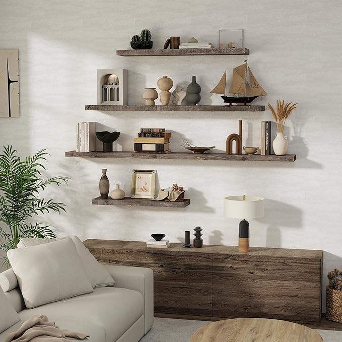 Solid Wood Floating Shelves, 8" Deep Rustic Reclaimed Barnwood Wall Hanging Floating Shelf with Invisible Heavy-Duty Metal Bracket | Wall Mounted | Farmhouse Style | 55 inches,1PC,Grey