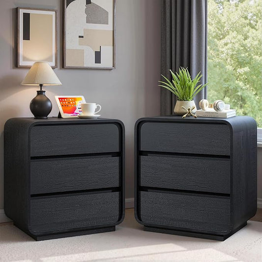 Black Night Stand Set of 2 with Charging Station, 25" Tall Wood Bedside Table, Curved Nightstand with 3 Storage Drawers, Curved Profile, Mid Century Modern End Table for Bedroom, Office