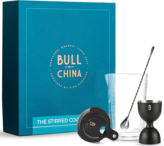 4 Piece Cocktail Kit by Bull In China - Premium Bartender Gift Set Includes Flagship Mixing Glass, 12 inch Barspoon, Bell Jigger & Hawthorne Strainer For Professional & Home Bars (Gunmetal Black)