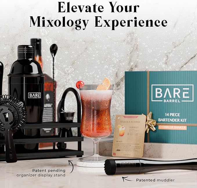 BARE BARREL® Mixology Bartender Kit Bar Set | 14-Piece Cocktail Shaker Set | Martini Barware Mixing Tools for Home Bartending | 35 Recipe Cards | Gift Set (24oz Cobbler Shaker, Jet Black/Black)