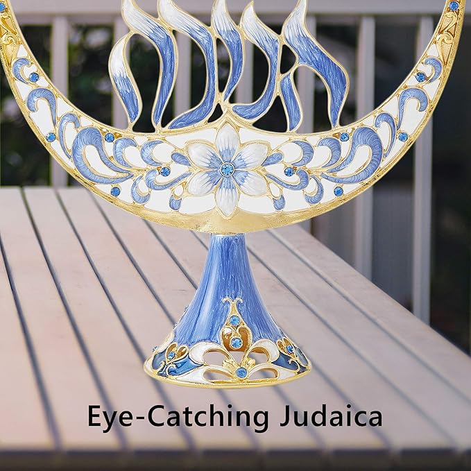 Matashi Hand Painted Enamel Menorah Candelabra with Flower and Hanukkah Design with Gold Accents and Crystals Jewish Candle Holder Hanukkah Gift Housewarming Present Showpiece for Living Room