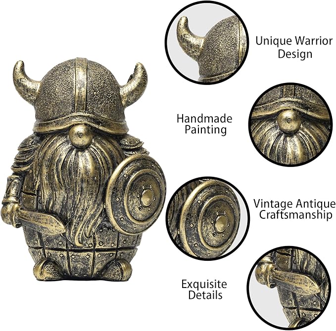 3PCS Viking Warrior Gnome Figurines Set-Viking Decor Home Ornament Mini Gnomes for Table,Shelves,Cabinet (Gold)