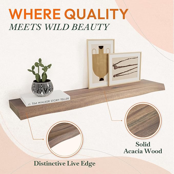 24" Acacia Live Edge Floating Shelves Set of 2 - Wall Mounted Wooden Shelf for Stylish Home Décor - Dark Walnut Color 24x7.5x1.5 Inches