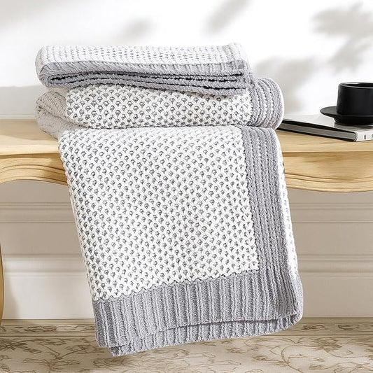 Amélie Home Honeycomb Knit Throw Blanket for Couch, Dual-Sided Soft Chenille Decorative Blankets for Sofa & Chair, 50"x60", Gray & White