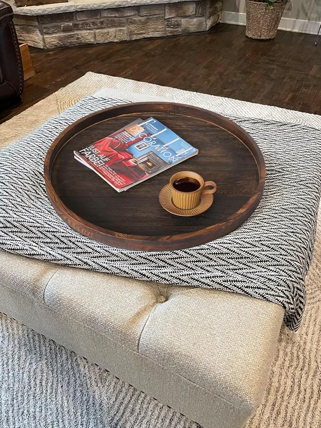 Extra Large Round Ottoman Table Tray Round-24 - Rustic Wooden Serving Tray for Farmhouse Decorative Oversized Coffee Table Trays Living Room Kitchen Counter Breakfast Brown