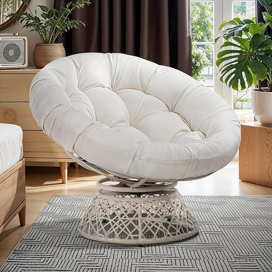Bme 40" Ergonomic Wicker Papasan Chair with Soft Thick Density Fabric Cushion, High Capacity Steel Frame, 360 Degree Swivel for Living, Bedroom, Reading Room, Lounge