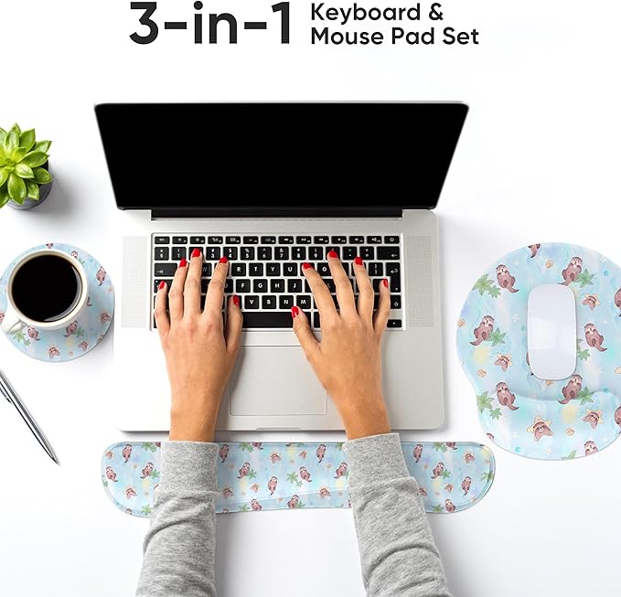 Ergonomic Keyboard Mouse Pad Wrist Rest Support Set for Laptop/Computer/Desktop,Memory Foam Hand Rest Wrist Cushion for Gaming/Office,Lightweight Comfortable & Pain Relief (Lovely Otter)