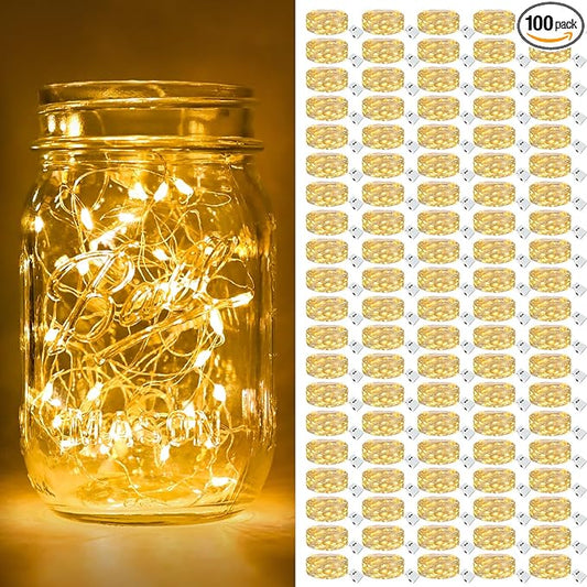 btfarm 100 Pack Fairy Lights Battery Operated [3 Modes], 7ft 20 Led Twinkle Lights String Lights Waterproof Bulk Small Mini Silver Wire for Christmas Mason Jars Wedding Table Centerpiece, Warm White