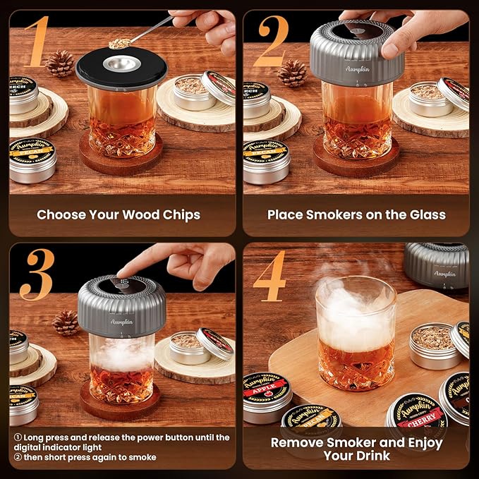 Electric Whiskey Smoker Kit with LED Light & Built-in Lighter, Rechargeable & No Butane Needed, Includes 6 Wood Chips for Old Fashioned Cocktails, Bourbon Whiskey Gifts for Men/Dad/Husband,Grey